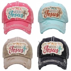 "Y&apos;ALL NEED JESUS" Embroidered  Vintage Style Ball Cap with Washedlook  eb-59356019